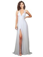 Shop Halter Plunge V-Neckline Chiffon Beach Wedding Dress Sydney with High Leg Split