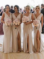 Shop Chiffon Long Champagne Bridesmaid Dresses Sydney with Sexy High Slit and Front Ruffles