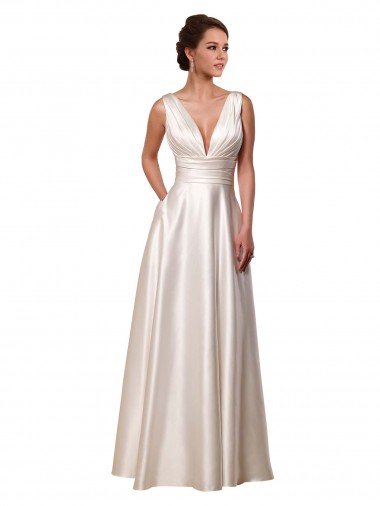 Shop Deep V-Neck A-Line Satin Wedding Dress with Pockets Sydney