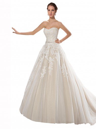 Shop Strapless Ball Gown Tulle Wedding Dress with Lace Cascades Sydney