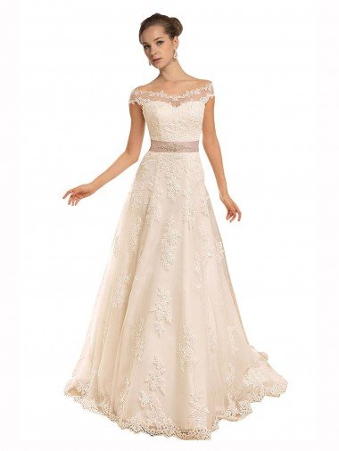 Shop Off the Shoulder Illusion Back A-Line Lace Beach Wedding Dress Sydney