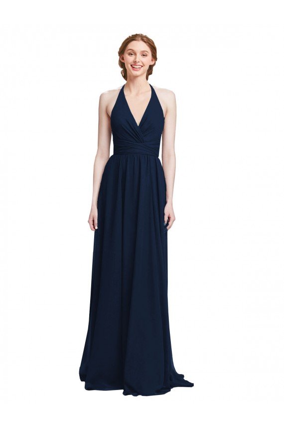 Halter Chiffon Bridesmaid Dress with V-Neckline and Criss Cross Waist