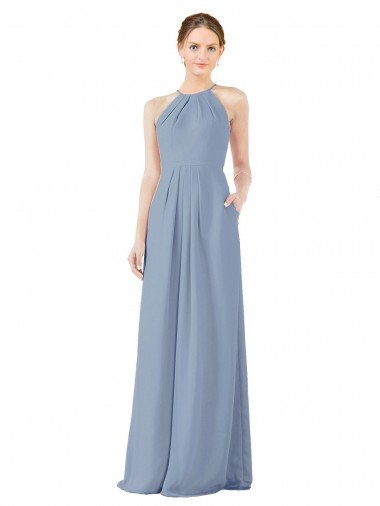 Shop Fitted Long High Halter Neck Chiffon Bridesmaid Dress with Keyhole Back Sydney