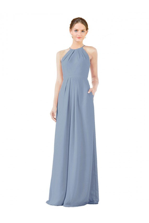 Fitted Long High Halter Neck Chiffon Bridesmaid Dress with Keyhole Back