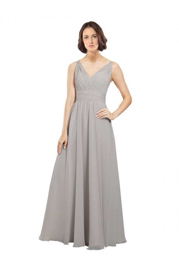 Twist Shouder Full Chiffon Bridesmaids Dress with V-Neckline and V-Back