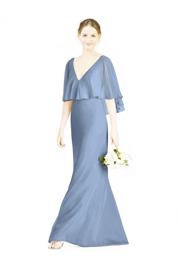 V-Back Trumpet Chiffon Bridesmaid Dress with Draped Cape Overlay