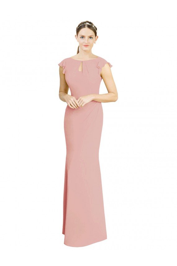 Chiffon Cap Sleeves Long Bridesmaid Dress with Keyhole