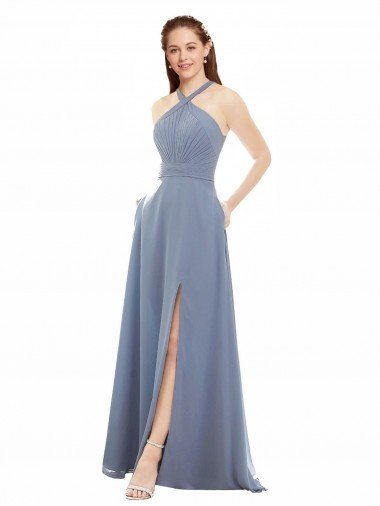 Shop High Neck Chiffon Bridesmaid Dress with Draped Bodice Sydney