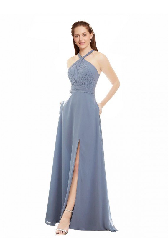 High Neck Chiffon Bridesmaid Dress with Draped Bodice