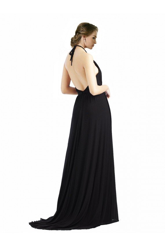 Backless Halter Chiffon Bridesmaid Dress with Front Slit and Tie Open Back