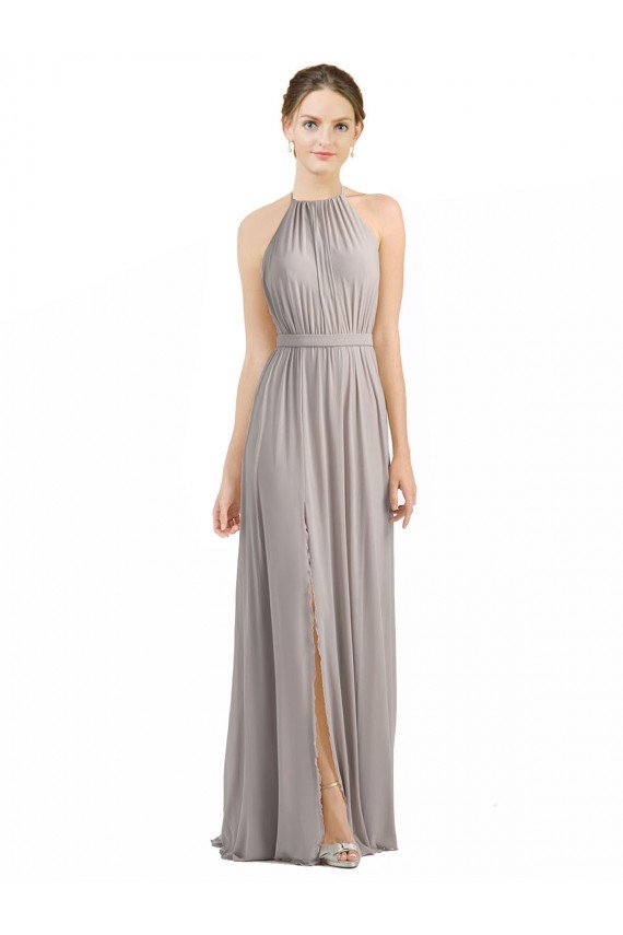 Backless Halter Chiffon Bridesmaid Dress with Front Slit and Tie Open Back