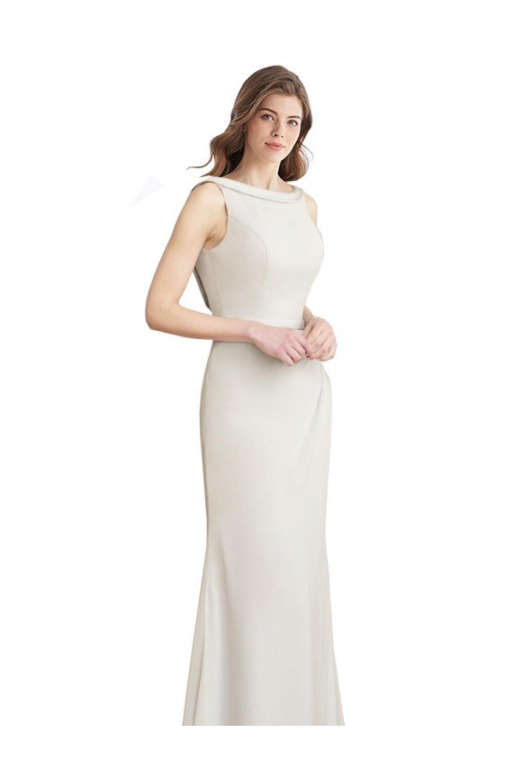 Long Chiffon Bridesmaid Dress with Boat Neckline and Satin Collar