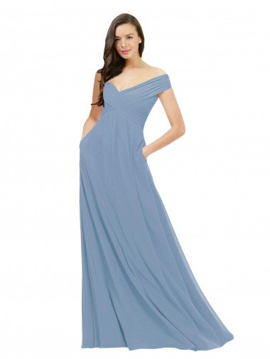 Shop Chiffon Bridesmaid Dress with Classic Off the Shoulder Neckline Sydney