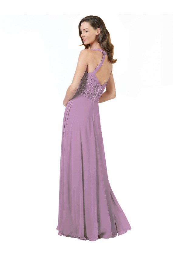 Floral Detailed Chiffon Bridesmaid Dress with Keyhole Back