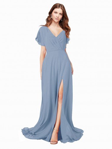 Shop Chiffon Bridesmaid Dress / Prom Dress with Flutter Sleeves and Front Slit Sydney