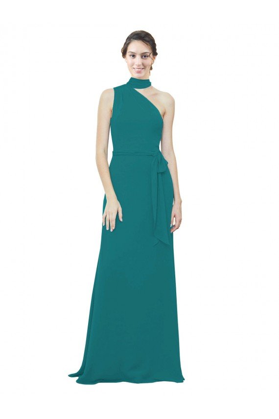 One Shoulder Chiffon Bridesmaids Dress with Scarf Tie Neckline