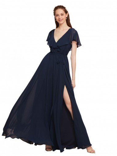 Shop Long V-Neck Chiffon Bridesmaid Dress with Slit and V-Back Sydney