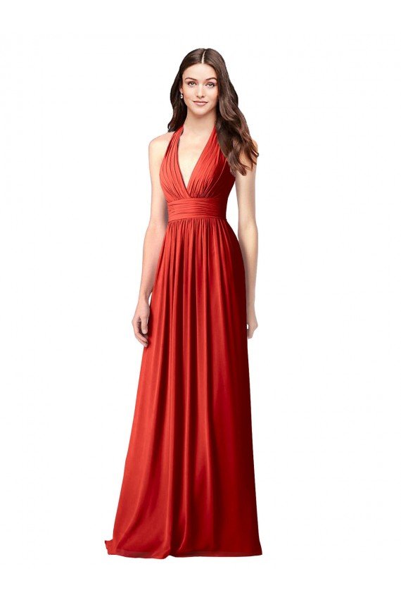 Halter V-Neck A-Line Chiffon Bridesmaid Dress with Shirred Skirt