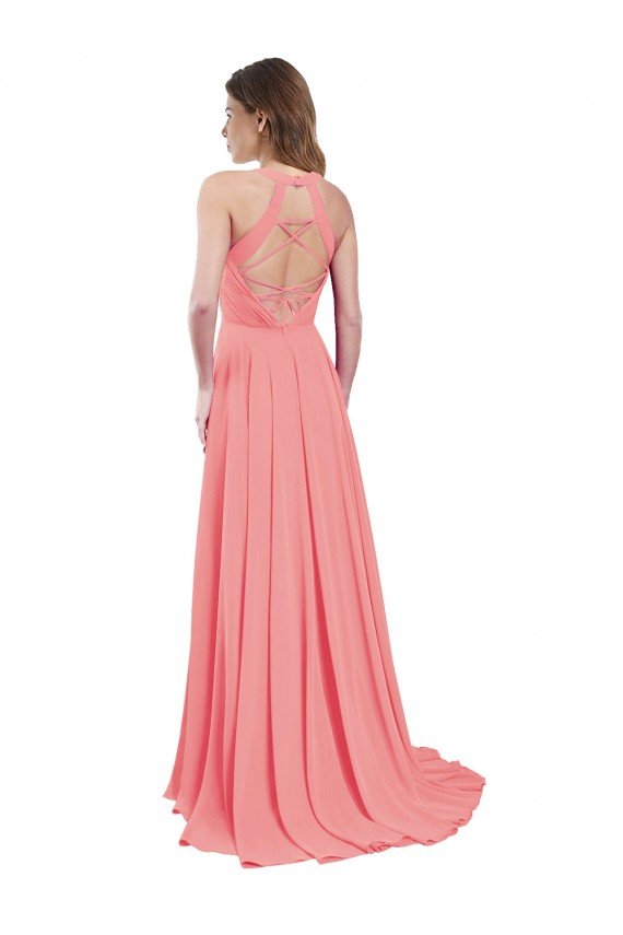 Draped A-Line Chiffon Bridesmaid Dress with Halter Keyhole Neckline