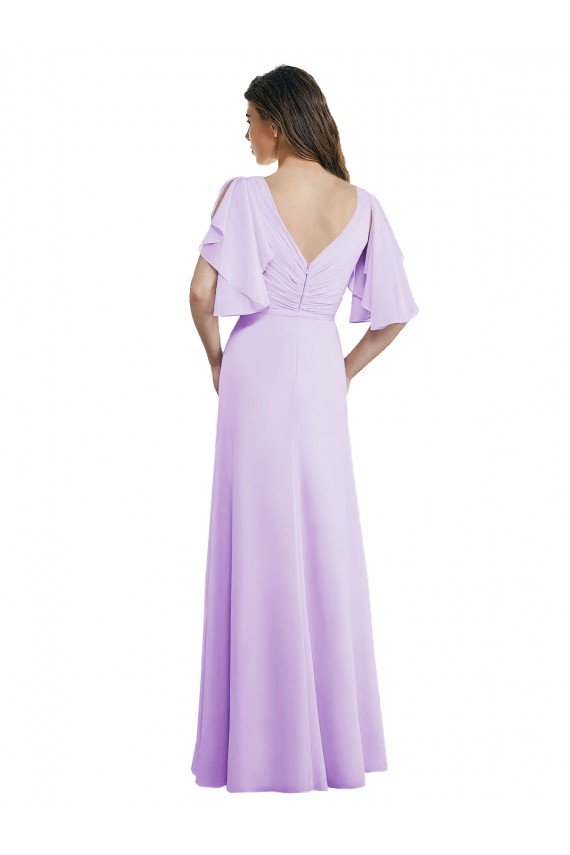 A-Line Draped Chiffon Bridesmaid Dress with V-Neck and Split Sleeves