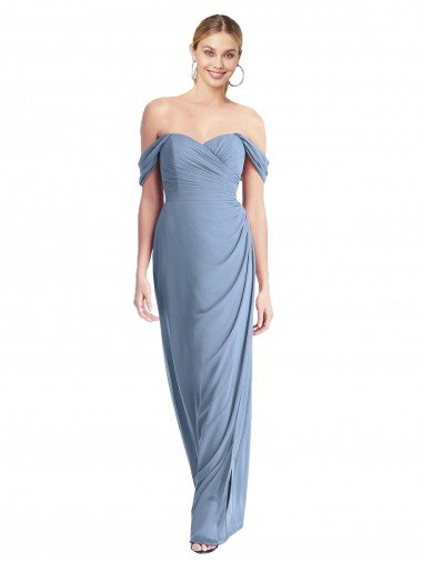 Shop Full Length Draped Off the Shoulder Maxi Bridesmaid Dress with Shirred Streamer Sydney