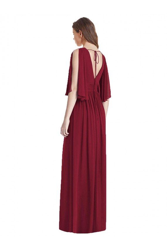 Split Sleeves Backless Chiffon Maxi Bridesmaid Dress