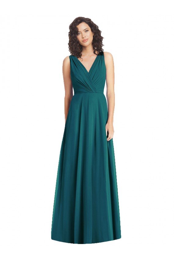 Draped V-Neck Long Sleeveless Chiffon Bridesmaid Dress