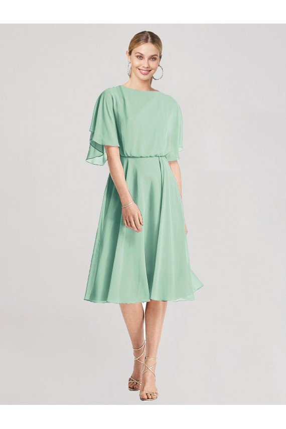 Open Back Flutter Sleeves Cocktail Length Chiffon Bridesmaid Dress