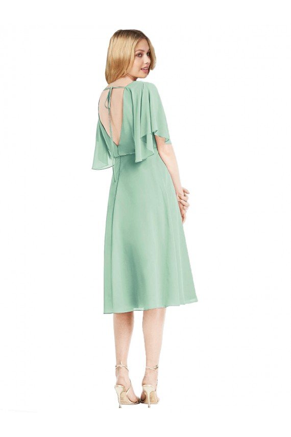 Open Back Flutter Sleeves Cocktail Length Chiffon Bridesmaid Dress