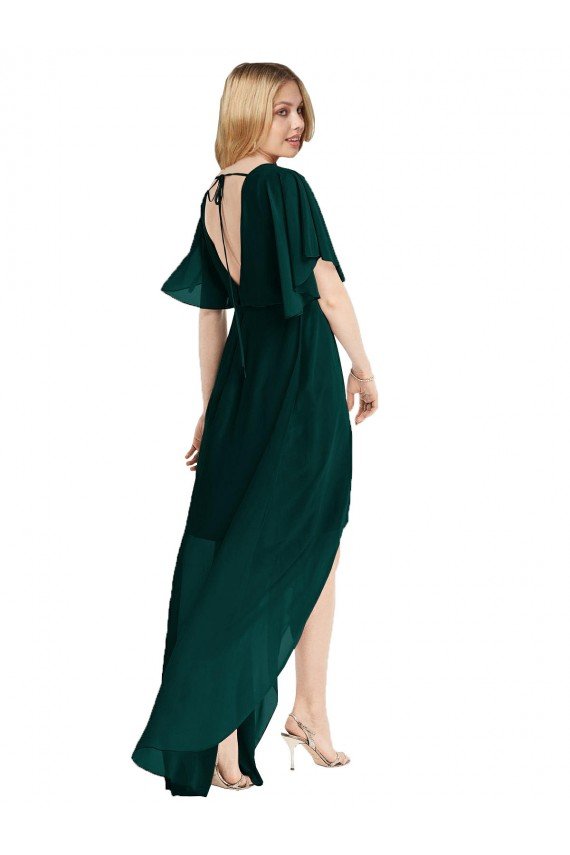 Plunging V Back Flutter Sleeves Cocktail Length Chiffon Bridesmaid Dress