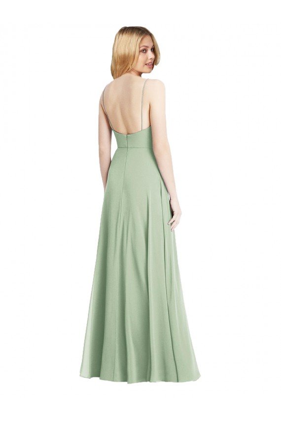 Sleek Spaghetti Straps Low Back Square Neck Maxi Formal Chiffon Bridesmaid Dress