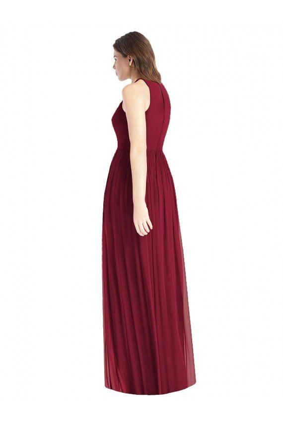 Shirred Skirt Jewel Neck Halter Chiffon Bridesmaid Dress with Front Slit