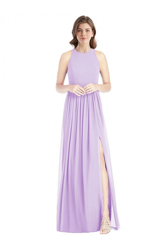 Shirred Skirt Jewel Neck Halter Chiffon Bridesmaid Dress with Front Slit