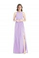 Shirred Skirt Jewel Neck Halter Chiffon Bridesmaid Dress with Front Slit