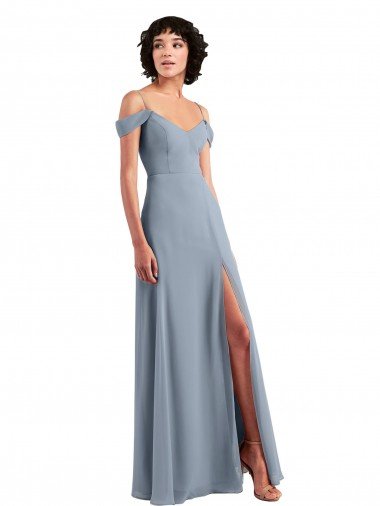 Shop Off the Shoulder Folded Sleeve Long Chiffon Bridesmaid Dress with High Side Slit Sydney