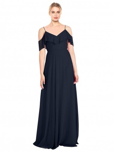 Shop Draped Sleeves Flounce Neckline Long Chiffon Bridesmaid Dress with Spaghetti Straps Sydney