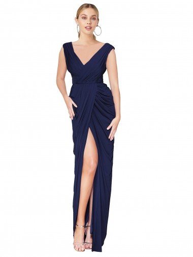 Shop Draped V-Neck Long Chiffon Bridesmaid Dress / Formal Prom Dress with Front Slit Sydney