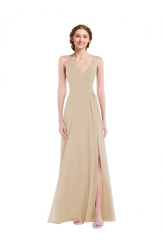 Faux Wrap Criss Cross Back Maxi Bridesmaid Dress with Front Slit