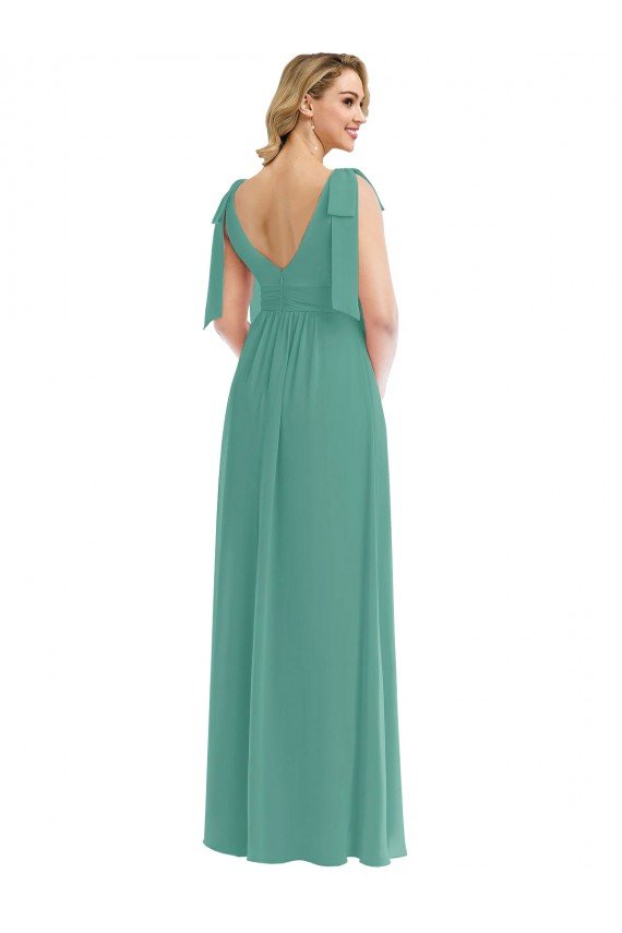 Plunge Neckline Bow Shoulder Chiffon Maxi Bridesmaid Dress