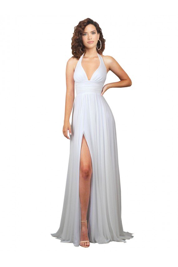 Simple Halter Plunge V-Neckline Chiffon Beach Wedding Dress with High Leg Split