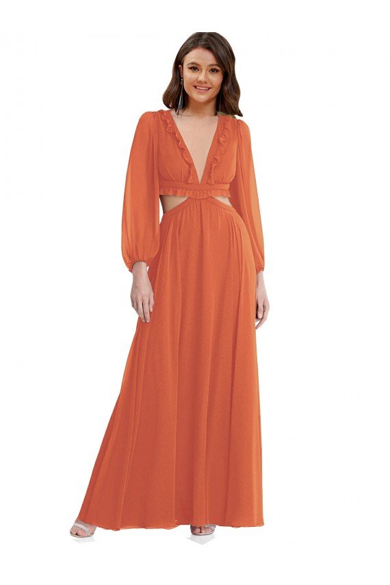 High Low Ruffled Long Chiffon Cutout Bishop Sleeves Maxi Bridesmaid Dress