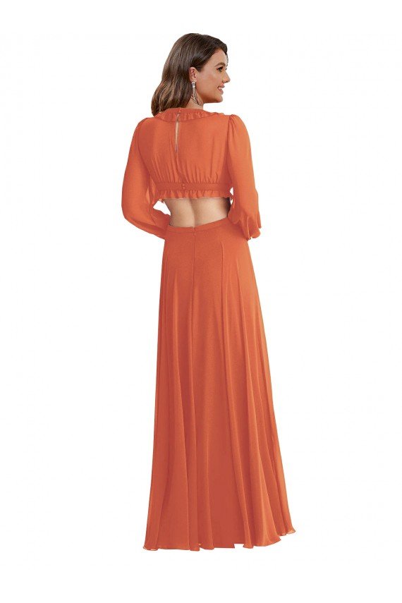 High Low Ruffled Long Chiffon Cutout Bishop Sleeves Maxi Bridesmaid Dress