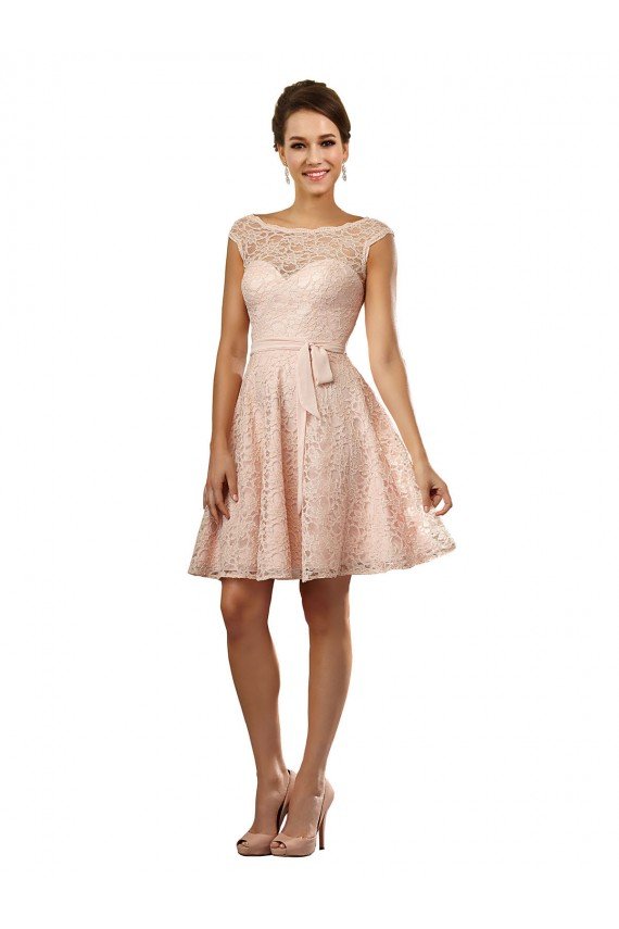 Short Knee Length Lace Bridesmaid Dress with Matching Chiffon Tie Sash