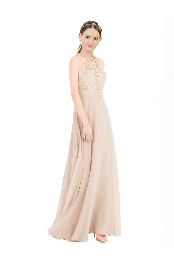 High Halter Neck Illusion Lace Bridesmaid Dress / Prom Dress with Chiffon Skirt and Keyhole Back