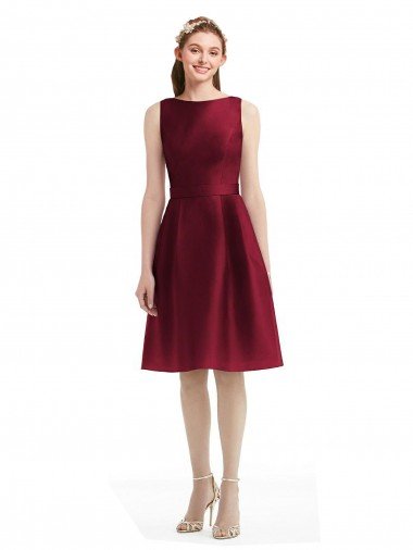 Shop Short Midi Length Satin Cocktail Bridesmaid Dress with Bateau Neckline and V-Back Sydney