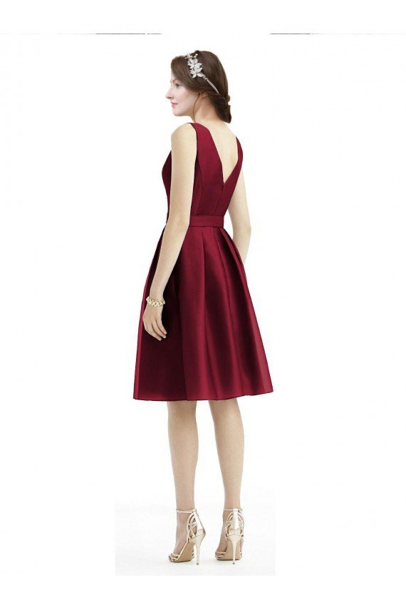 Short Midi Length Satin Cocktail Bridesmaid Dress with Bateau Neckline and V-Back