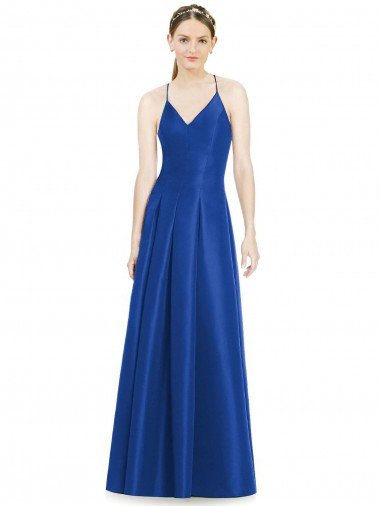 Shop Full Pleated V-Neck Long Satin Bridesmaid Dress with Criss Cross Open Back Sydney