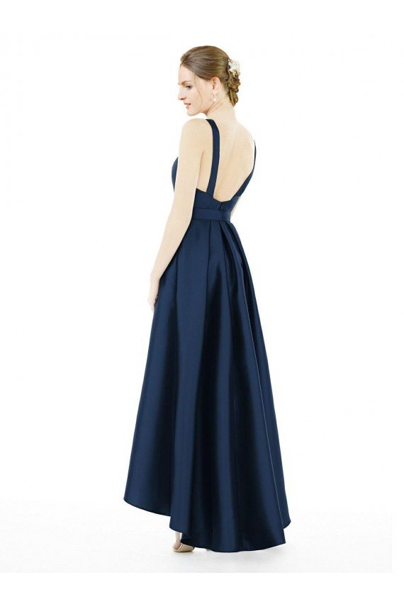 Full Length Sleeveless Long Satin Bridesmaid Dress with High Low Hem Detail