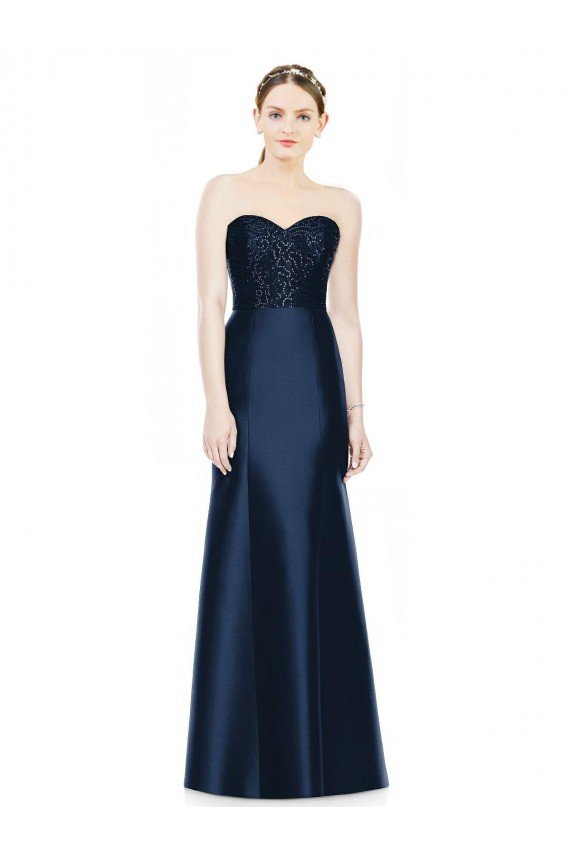 Full Length Strapless Satin Bridesmaid Dress with Lace Sweetheart Neckline