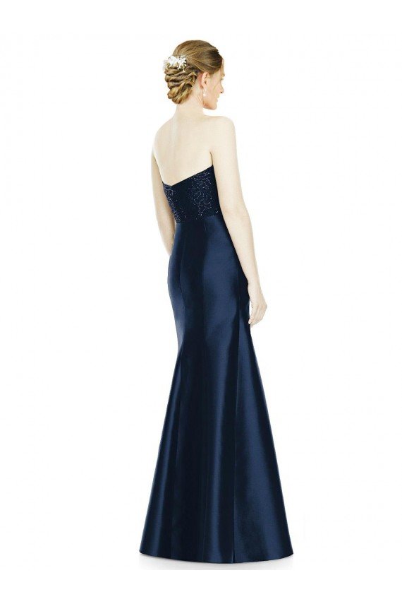 Full Length Strapless Satin Bridesmaid Dress with Lace Sweetheart Neckline